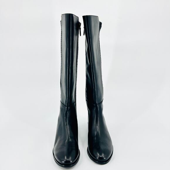 Cole Haan Black Riding Boots Gold Trim Woven Stretch Detail - Picture 2 of 9